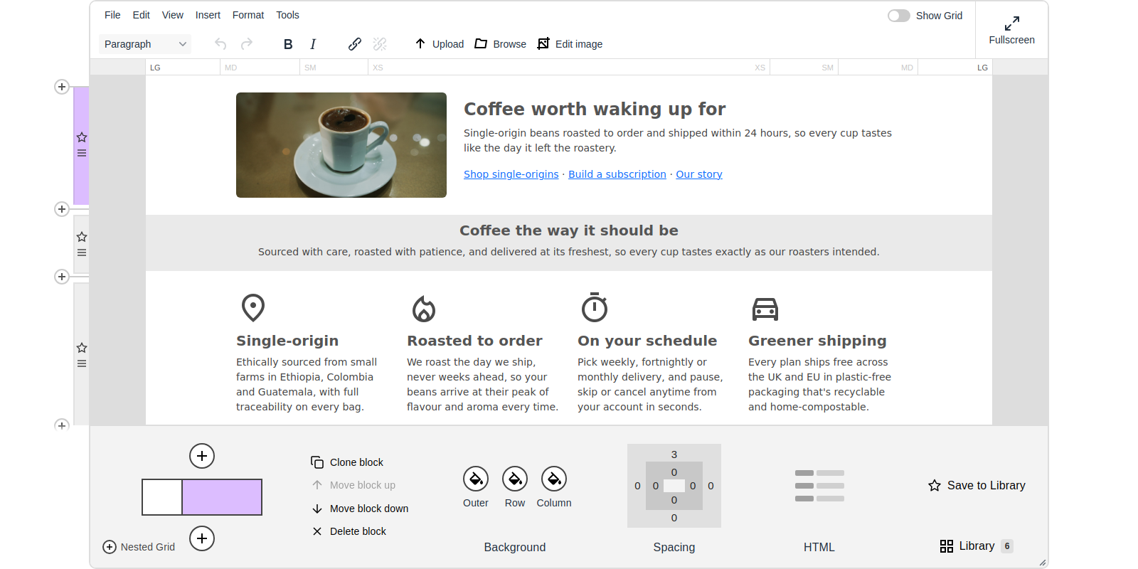 Blk42 editor showing a Bootstrap coffee-shop layout as a clean preview